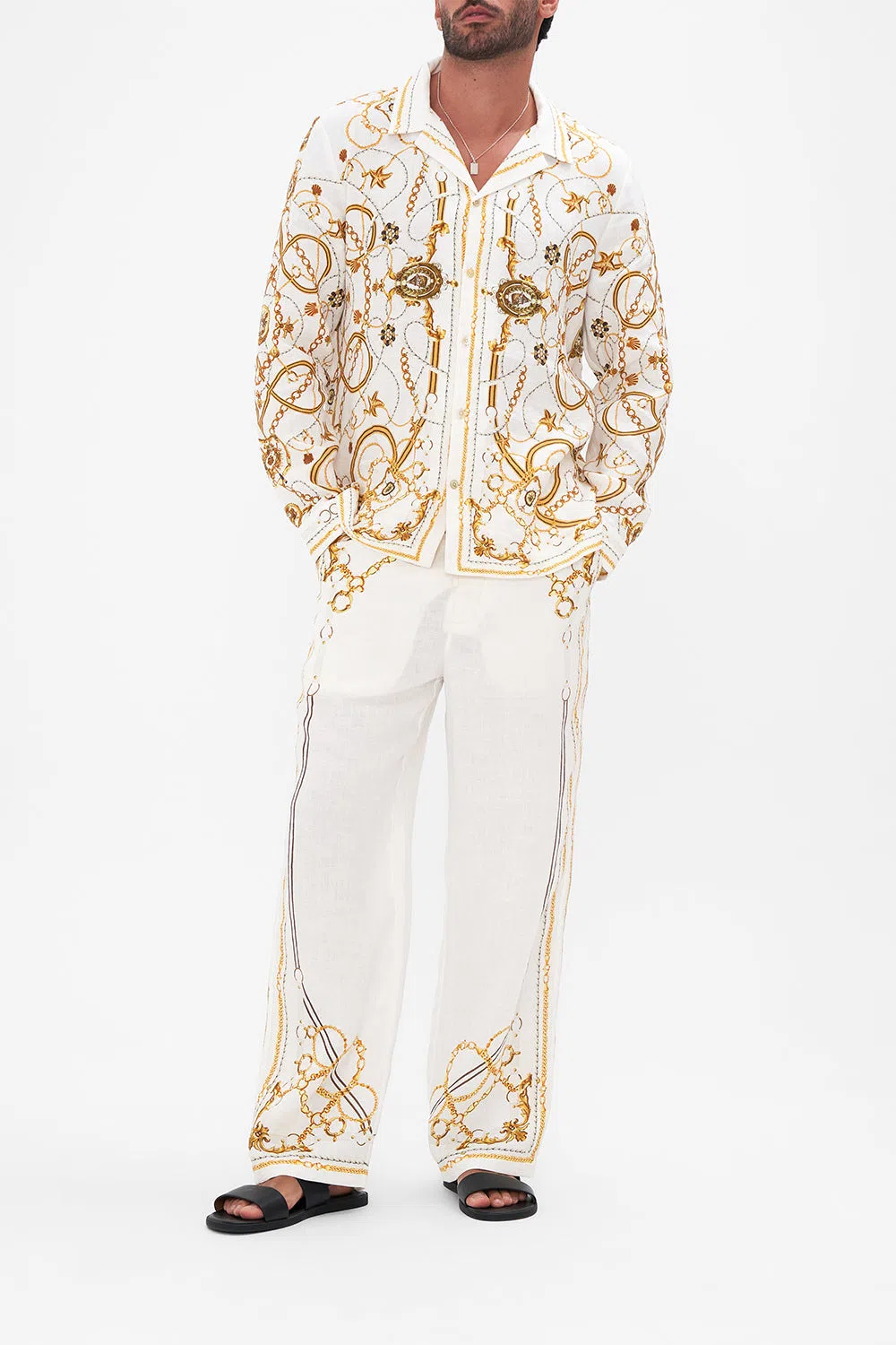 CAMILLA Men's Knit Sleeve Silk Shirt Coast To Coast In Black