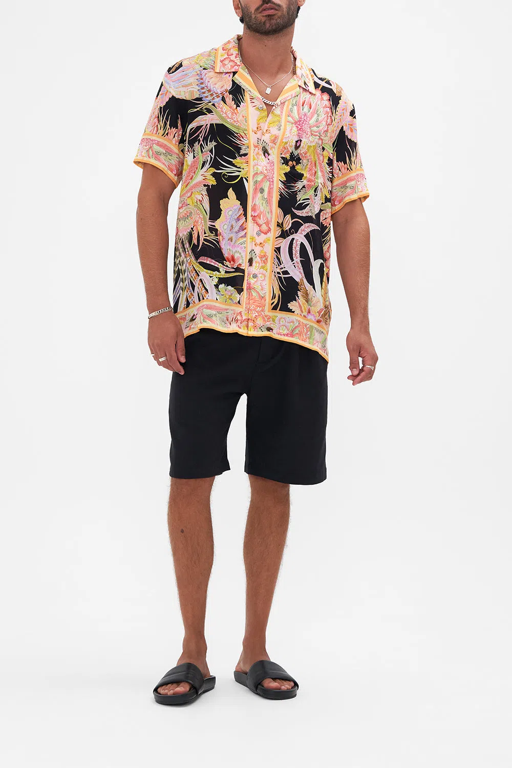 CAMILLA Men's Knit Sleeve Silk Shirt Coast To Coast In Black