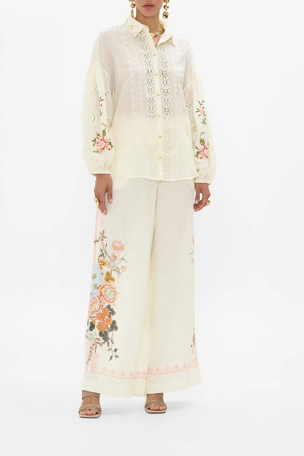 CAMILLA Embroidered Balloon Sleeve Shirt Blouse In Honour Of Heirlooms In White