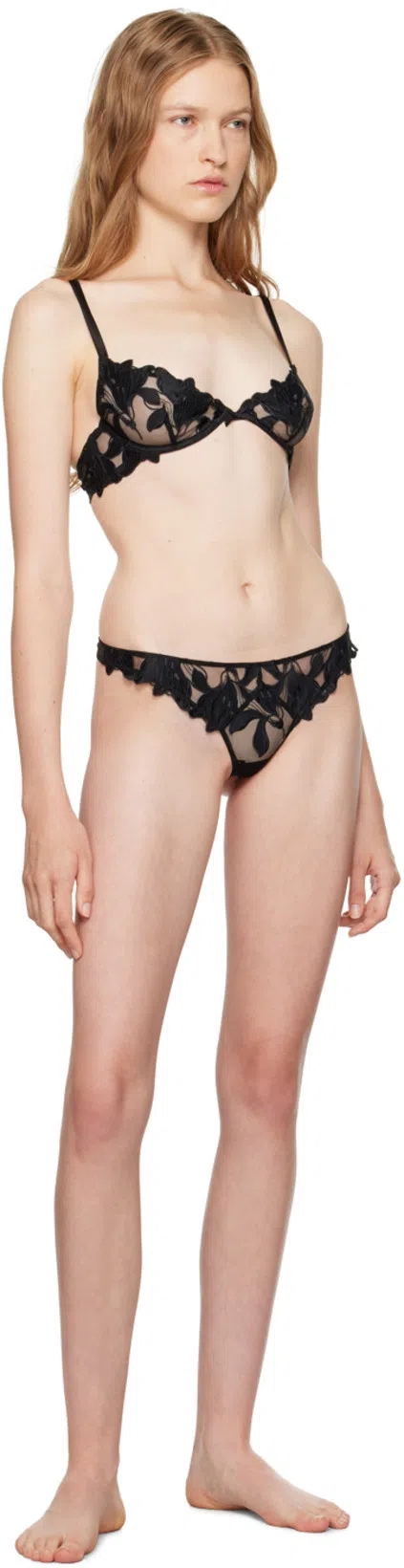 FLEUR DU MAL Black Lily Embroidery Plunge Demi Bra In 0100 Black