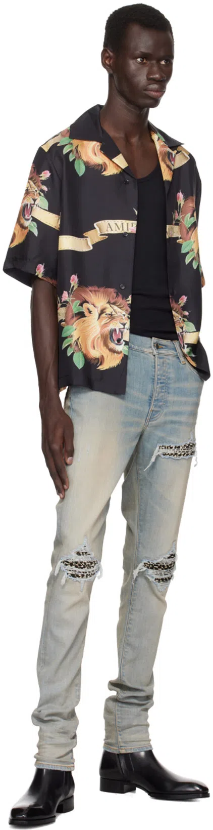 AMIRI Leopard Print Distressed Jeans Five-pocket Style In Gray