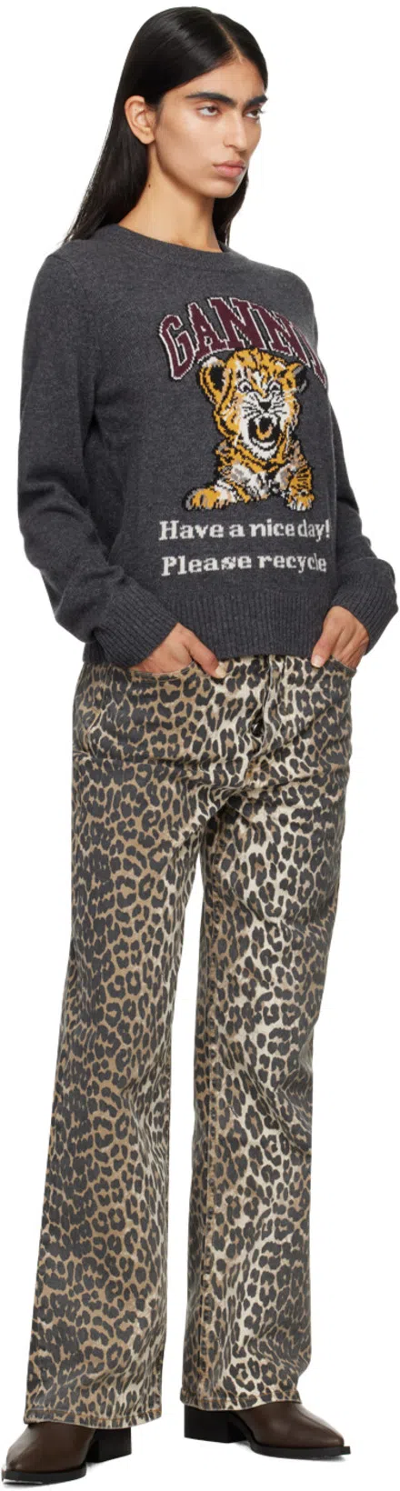 GANNI Wide-leg Animal Print High-rise Jeans With Belt Loops In Gray