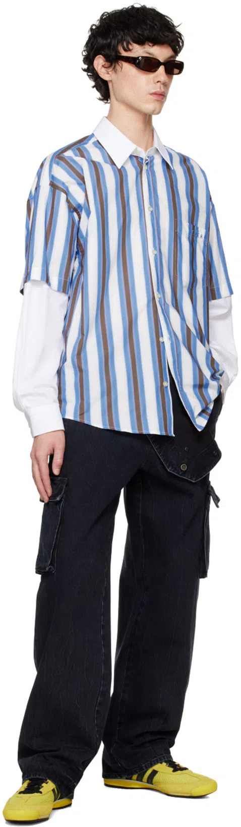 LE PERE Blue & White Detached Sleeve Button Down Shirt