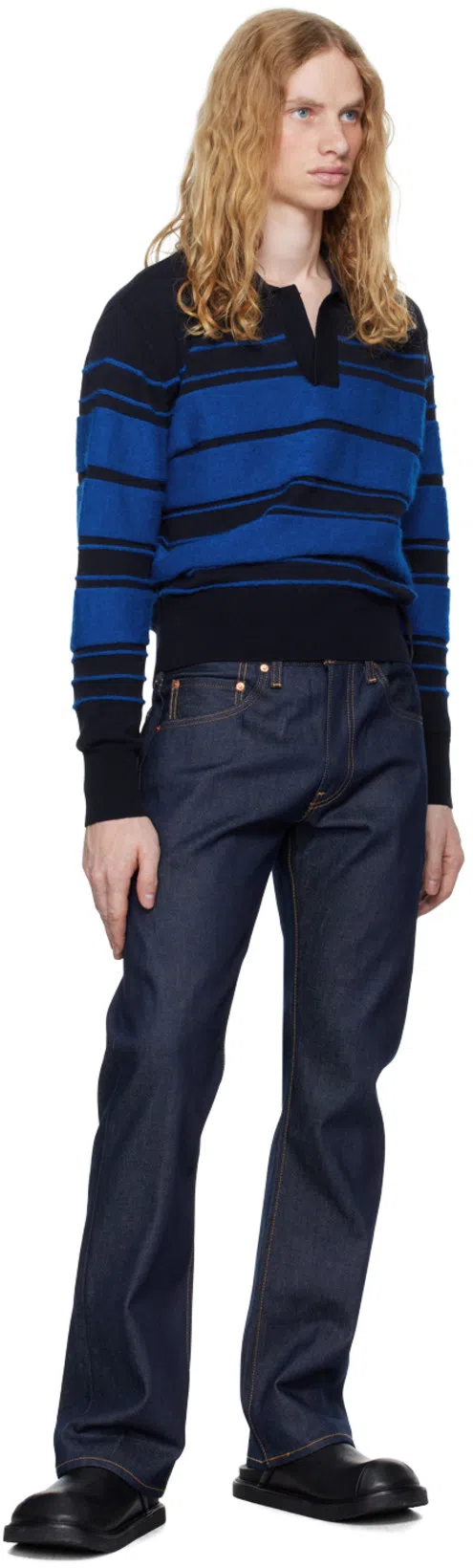 SUNNEI Blue Striped Knit Long Sleeve Polo In Black