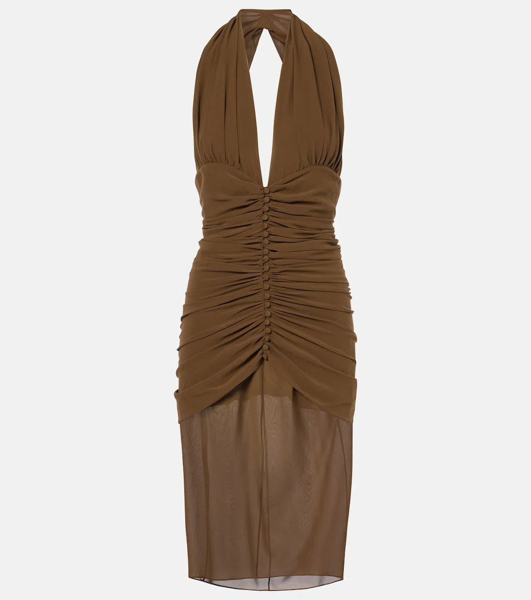 SAINT LAURENT Halterneck Silk Ruched Midi Dress In Green