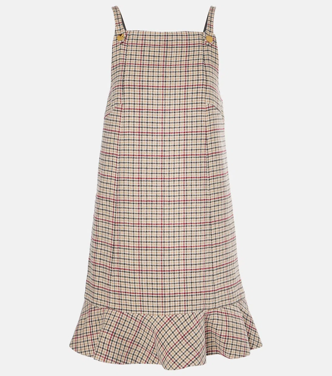 GANNI Pleated Checkered Sleeveless Gown With Ruffle Hem In Brown