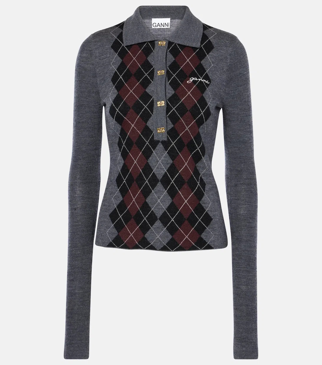 GANNI Women Grey Sweater With Classic Collar And Check Motif On The Front In Wool Woman In Gray