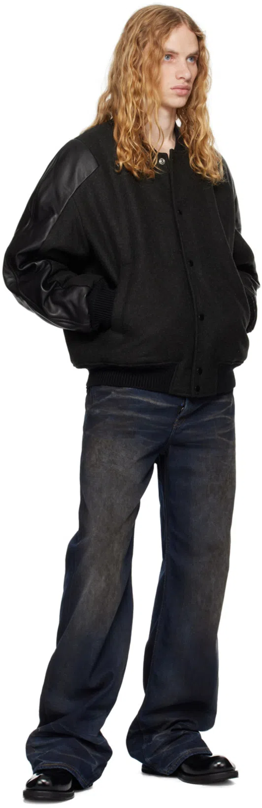 ACNE STUDIOS Black Wool & Leather Bomber Jacket In Afk Dark Grey Melang