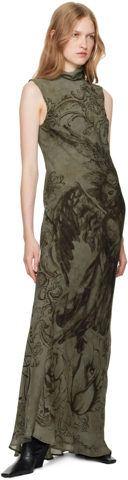 ACNE STUDIOS Open-back Printed Georgette Turtleneck Maxi Dress In Mud Grey