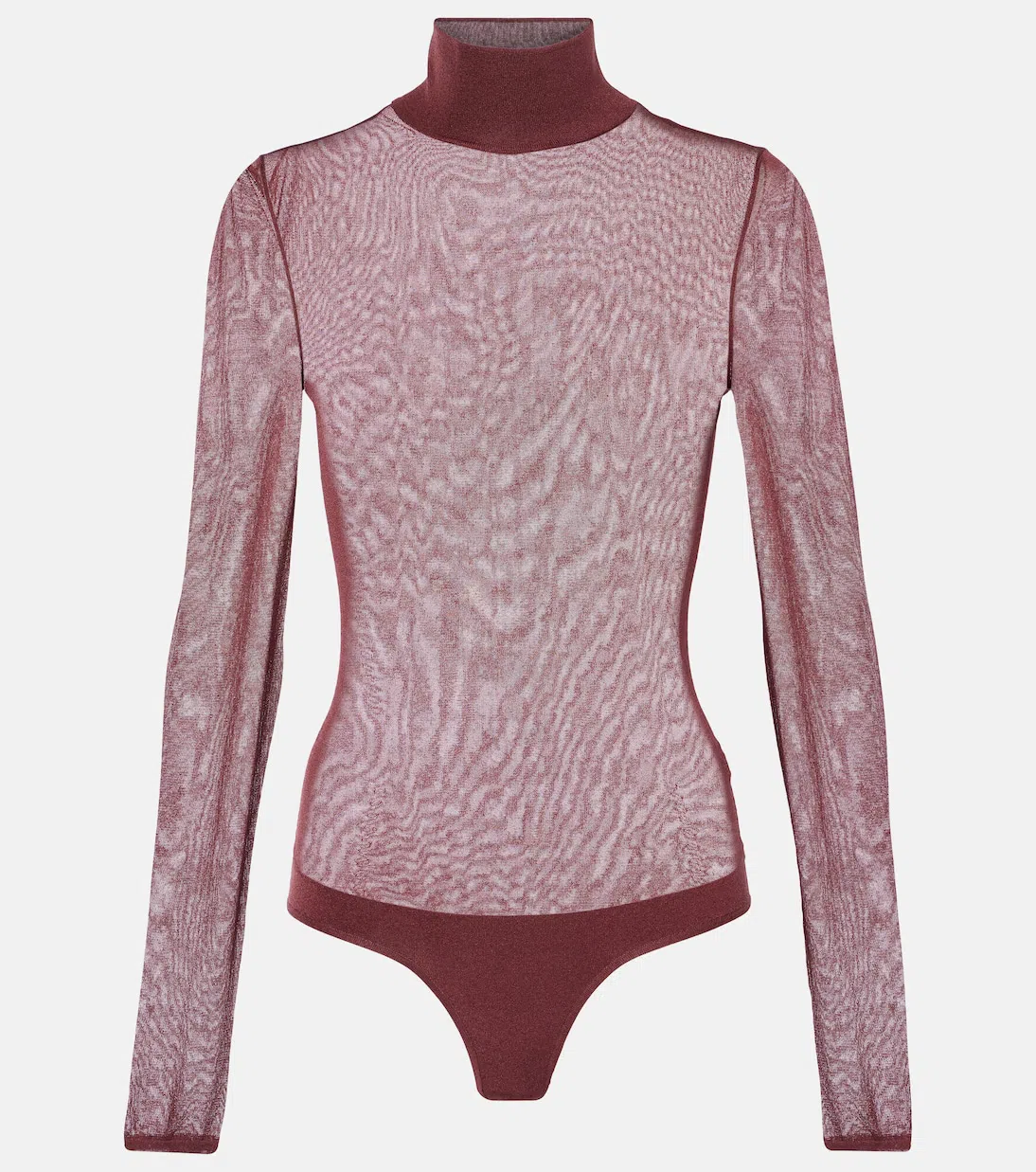 KHAITE Tallin Sheer Mesh Turtleneck Bodysuit In Burgundy