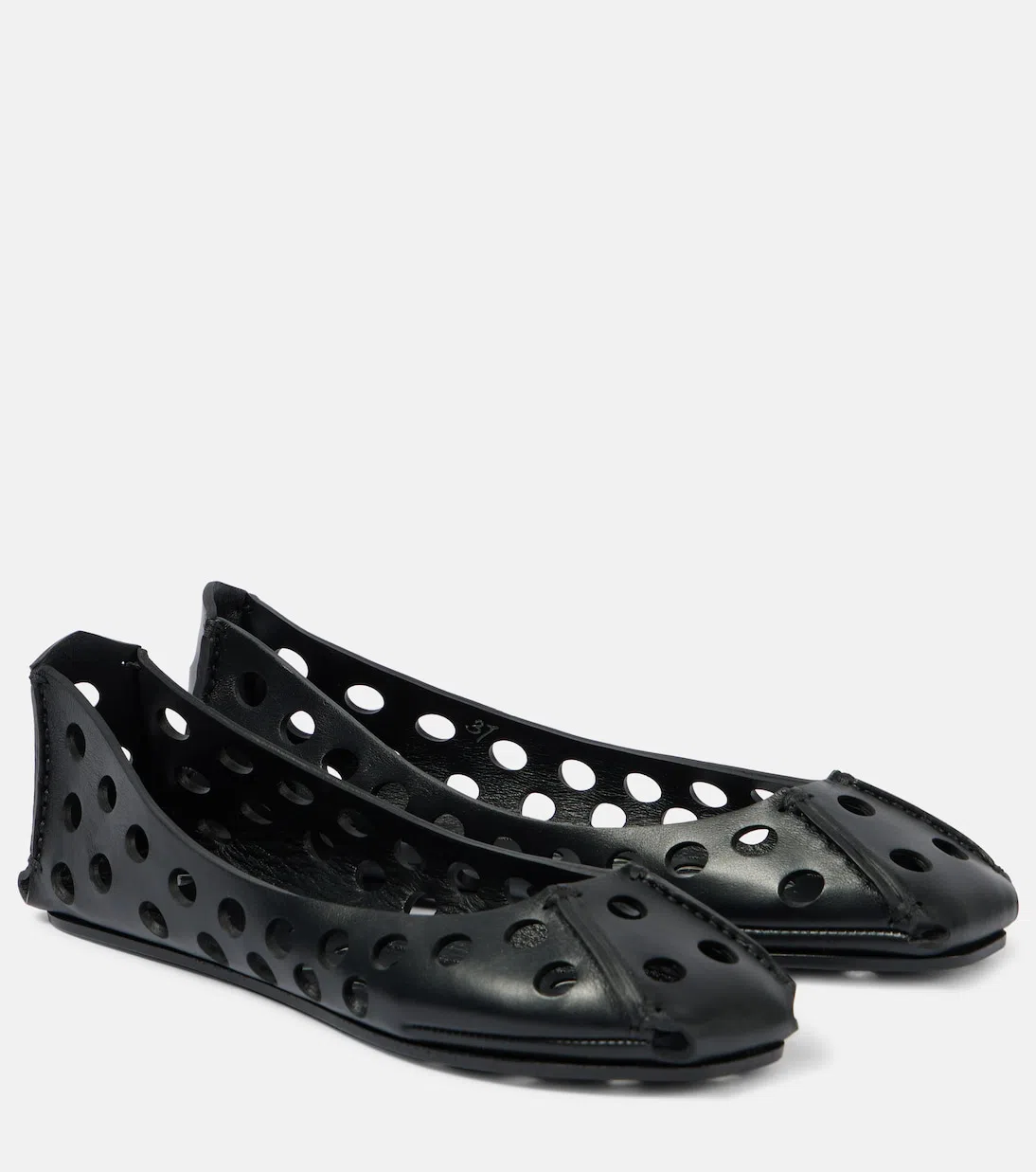 ALAÏA Perforated Leather Ballerina Flats With Square Front Detail In Black