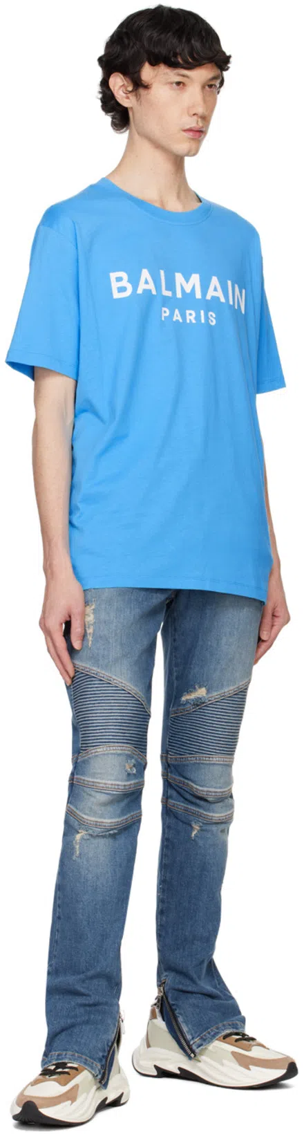 BALMAIN Light Blue Biker Jeans With Zip And Rips In Bleujeanbrut