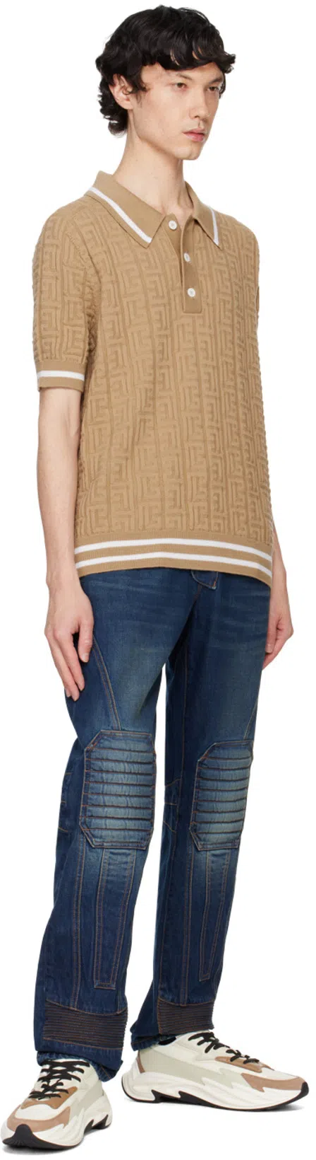 BALMAIN Beige 'pb' Labyrinth Polo In Sand/white