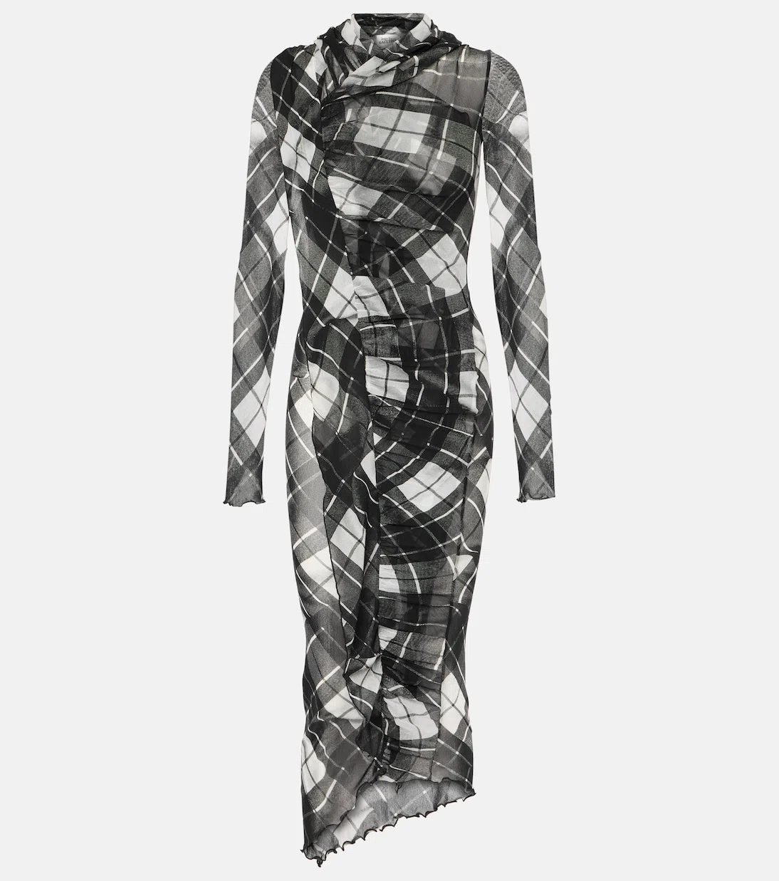 JEAN PAUL GAULTIER Distorted Tartan-print Draped Mesh Maxi Dress In Multi