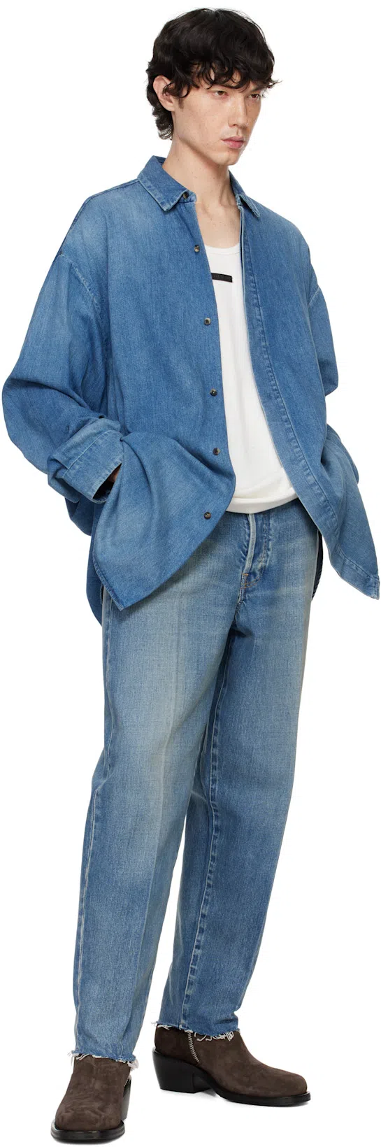 FEAR OF GOD Men Blue Five-pocket Jeans With Front Logo Patch In Denim Man