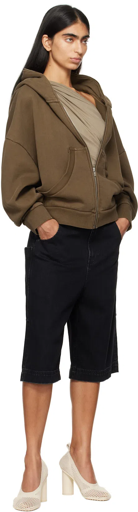 ENTIRE STUDIOS Zip Up Cotton Sweatshirt Hooded Kangaroo Pocket In Brown