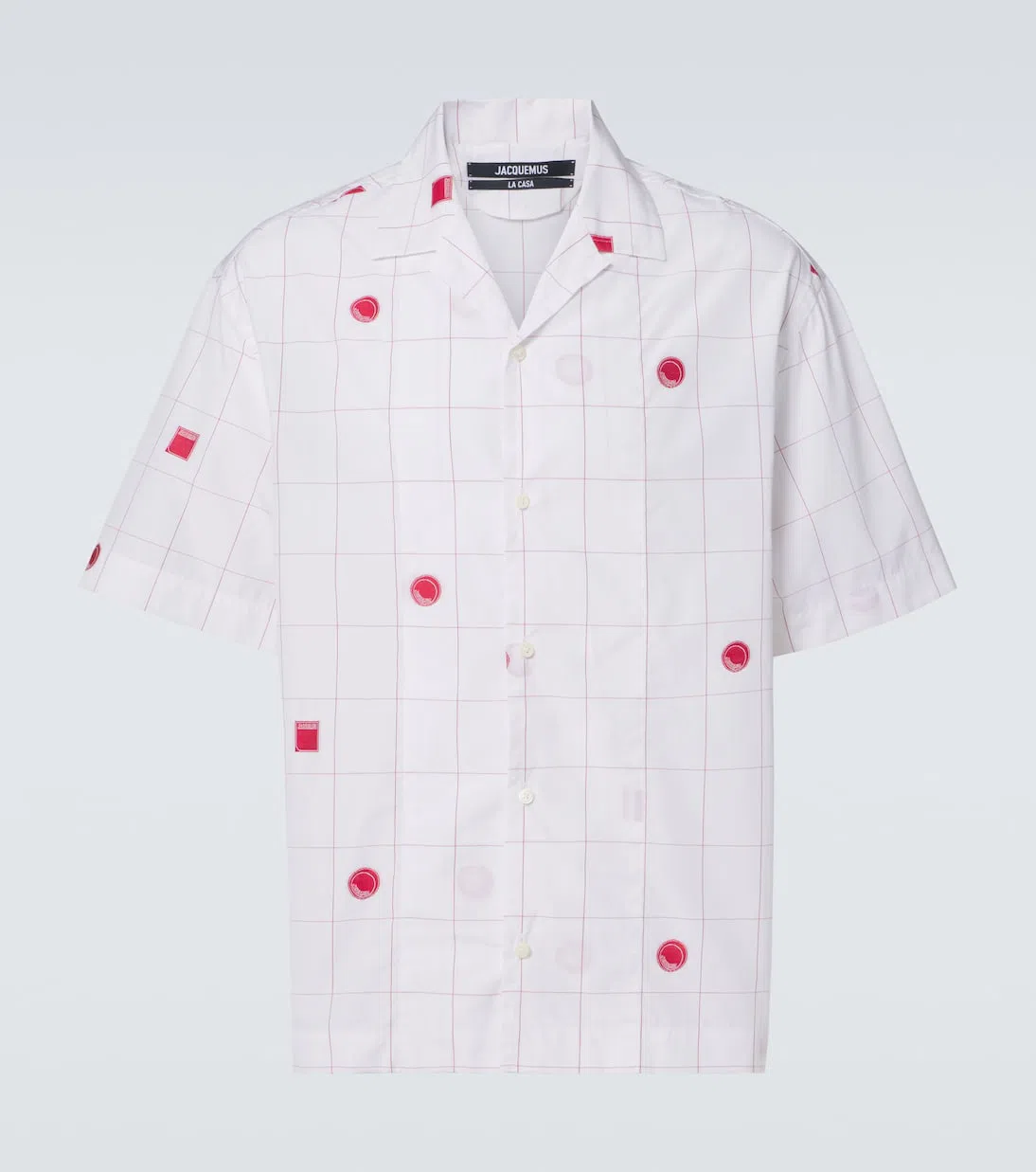 JACQUEMUS 'la Chemise Jean' White Shirt With Cuban Collar And All-over Logo Motif In Multicolor