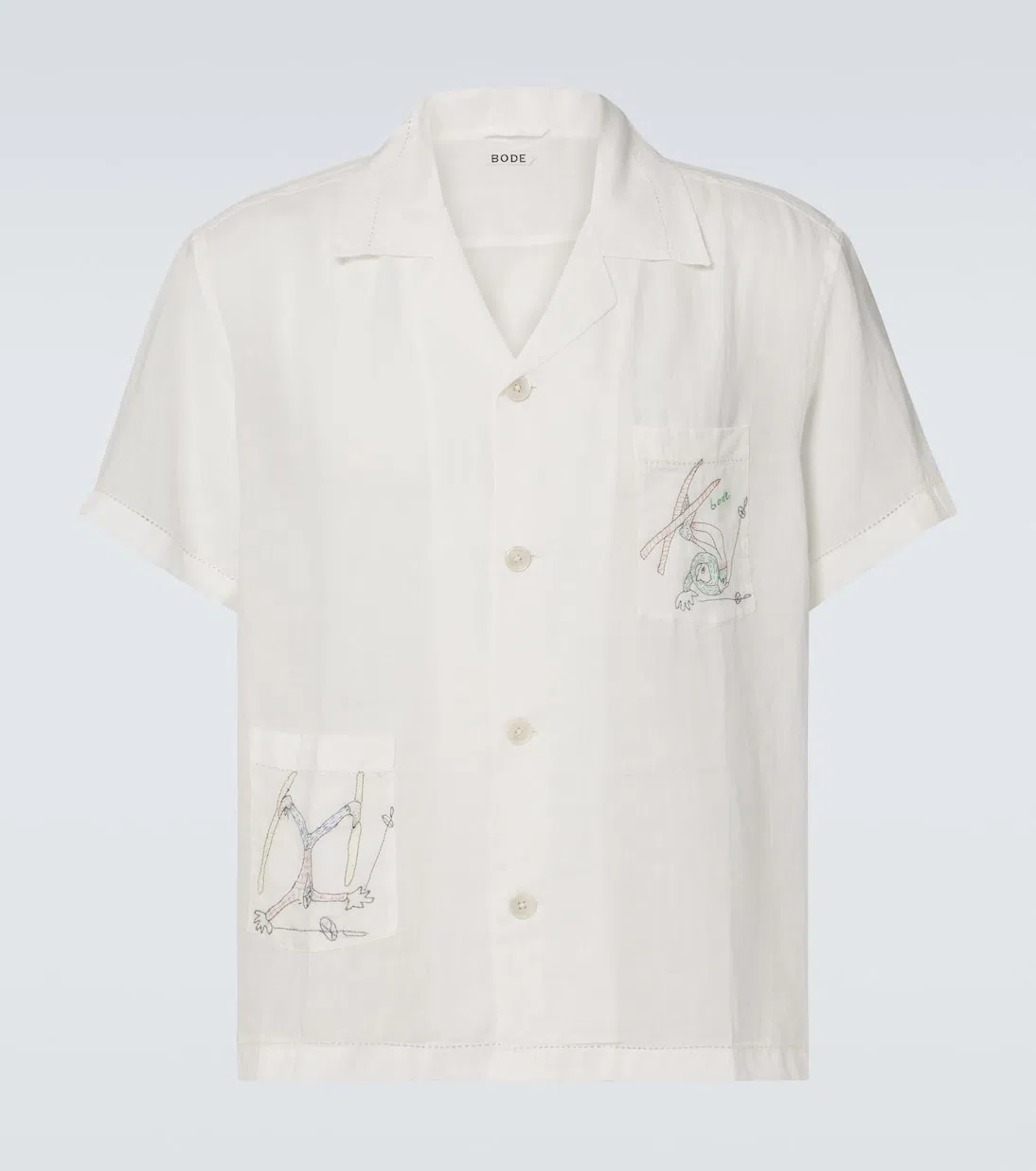 BODE Mens White Multi Skiers Graphic-embroidery Regular-fit Linen Shirt