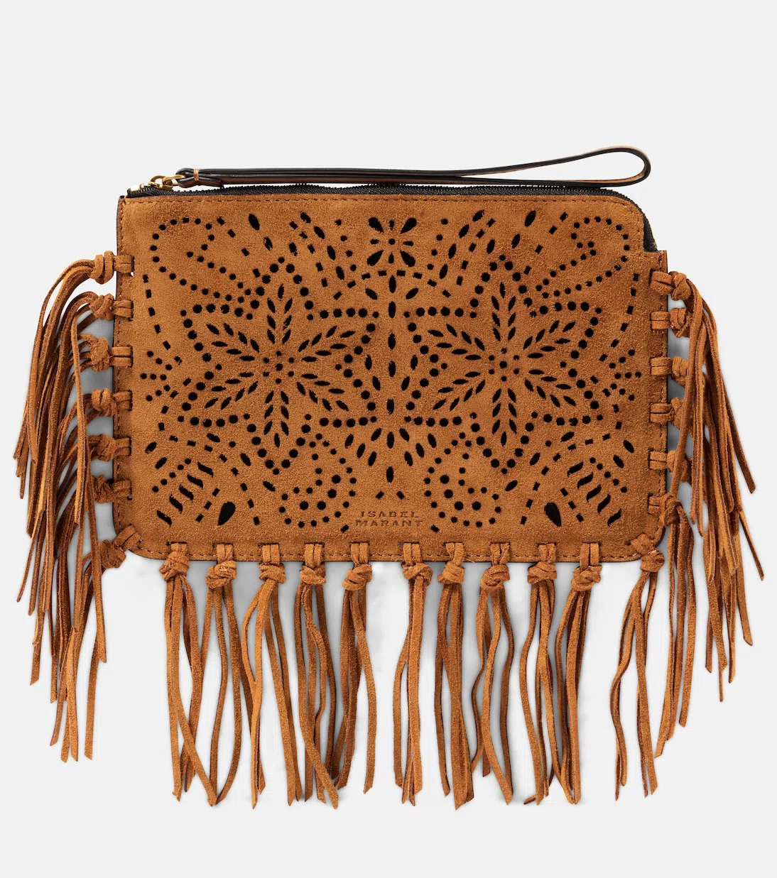 ISABEL MARANT Fringed Perforated Suede Clutch In Cognac