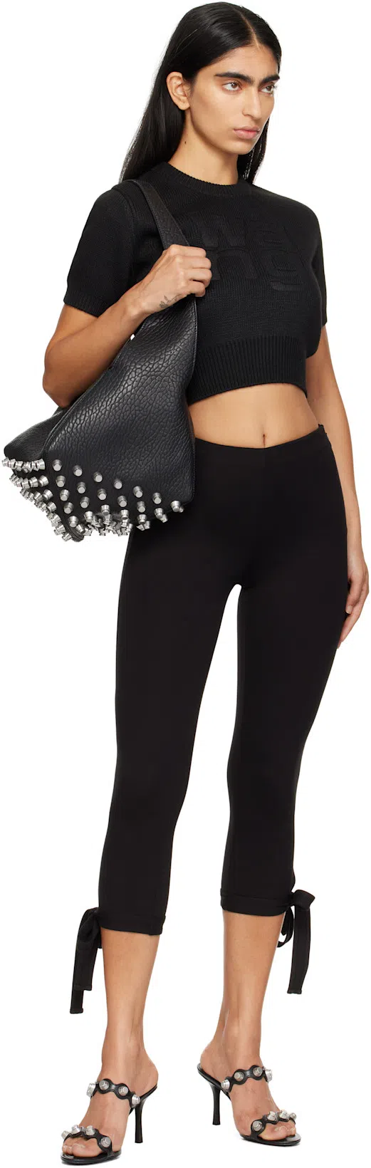 ALEXANDER WANG Riot Mules Leather Studs Open Toe Textured Fabric In Black