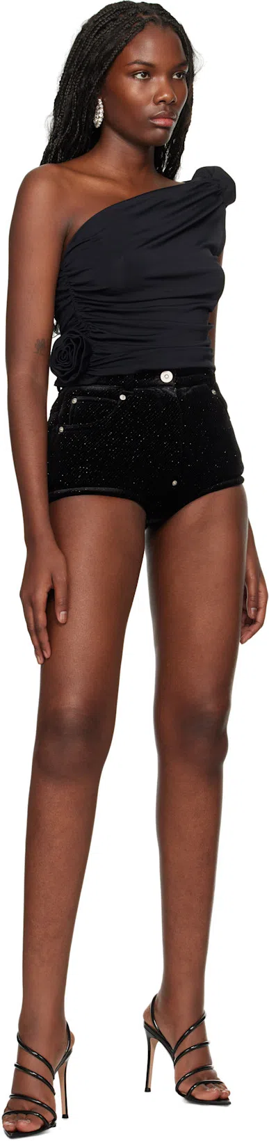 MAGDA BUTRYM Jersey One Shoulder Flower Top In Black