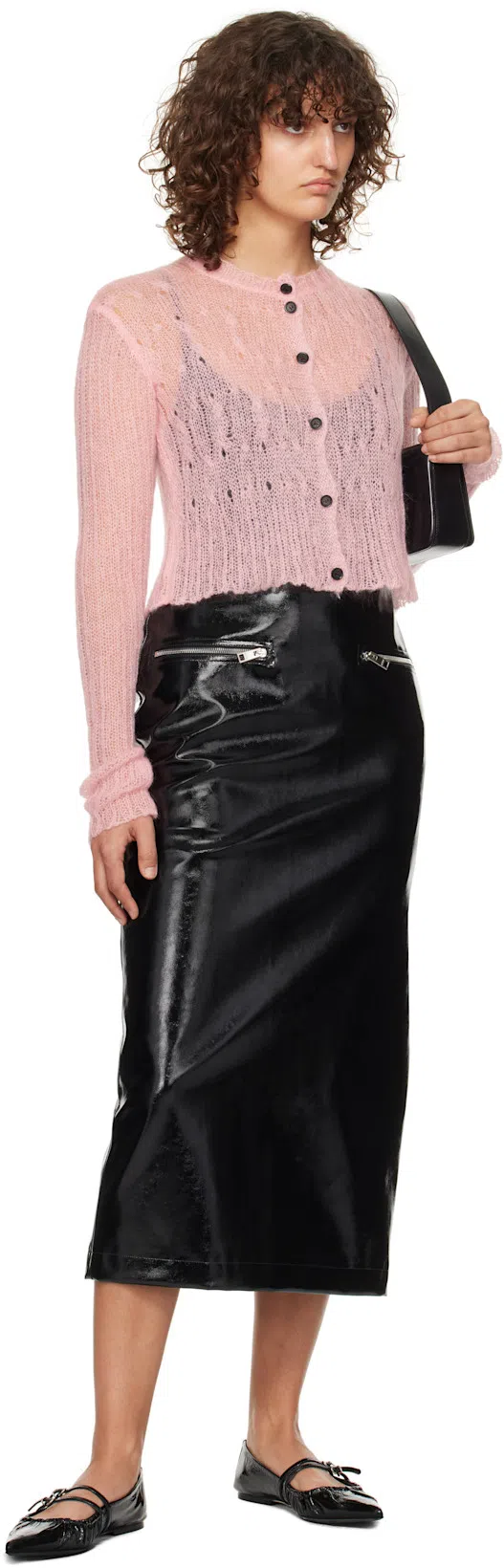 MSGM Patent Leather High Waist Midi Skirt In Black