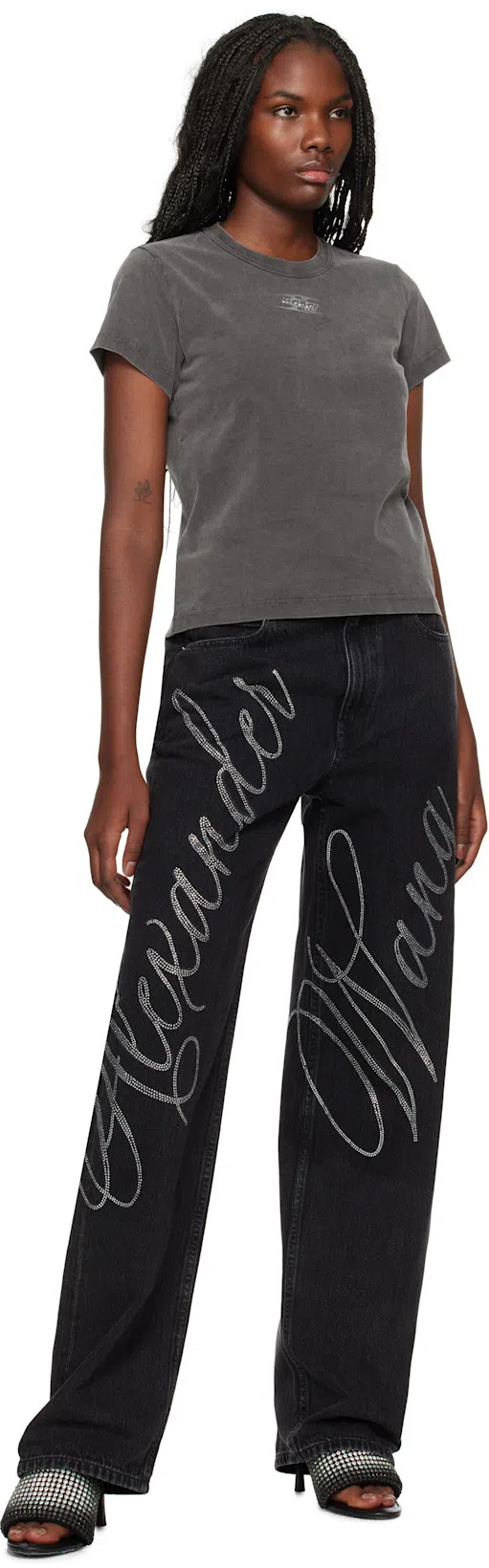 ALEXANDER WANG Heiress 85mm Mule Sandal In Crystal Mesh In Black