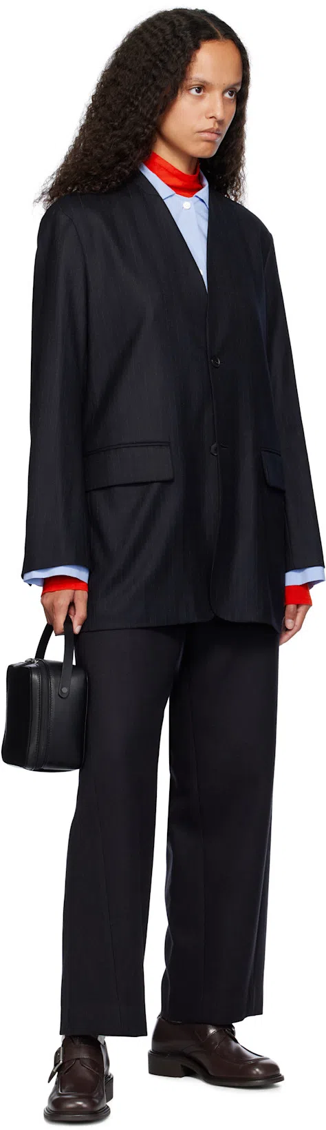 AURALEE Navy Wool Fulling Flannel Stripe Blazer In Blue