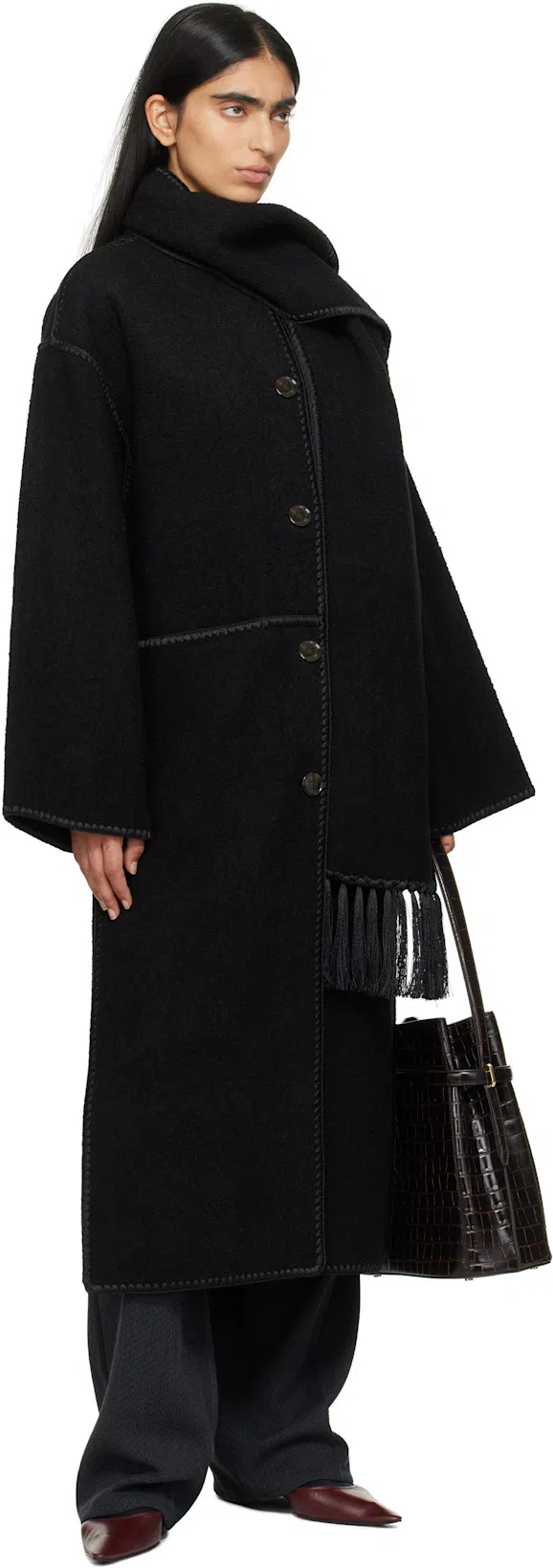 TOTÊME Fringe Embroidered Scarf Wool Coat In Black