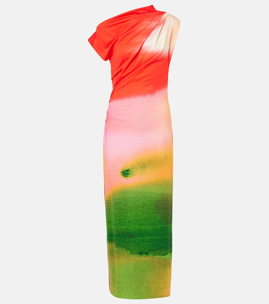 OSCAR DE LA RENTA Abstract Watercolor One Shoulder Jersey Midi Dress In Multi