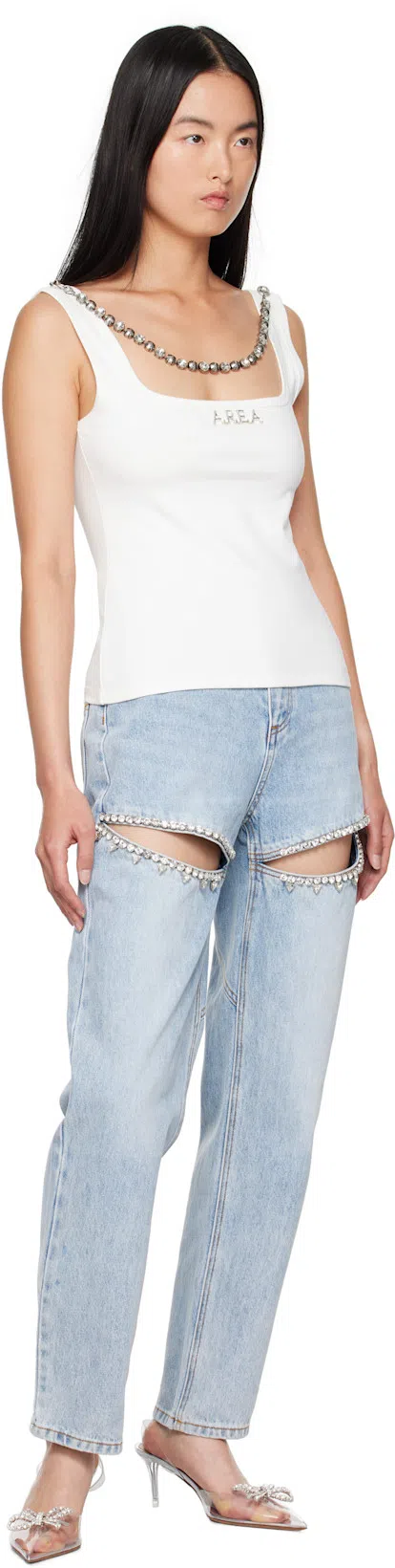 AREA Crystal Slit Jeans In Light Blue