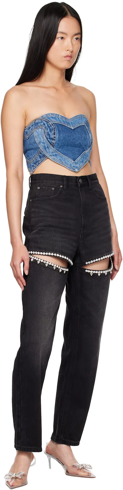 AREA Crystal Cutout Slit Straight Leg Jeans In Black