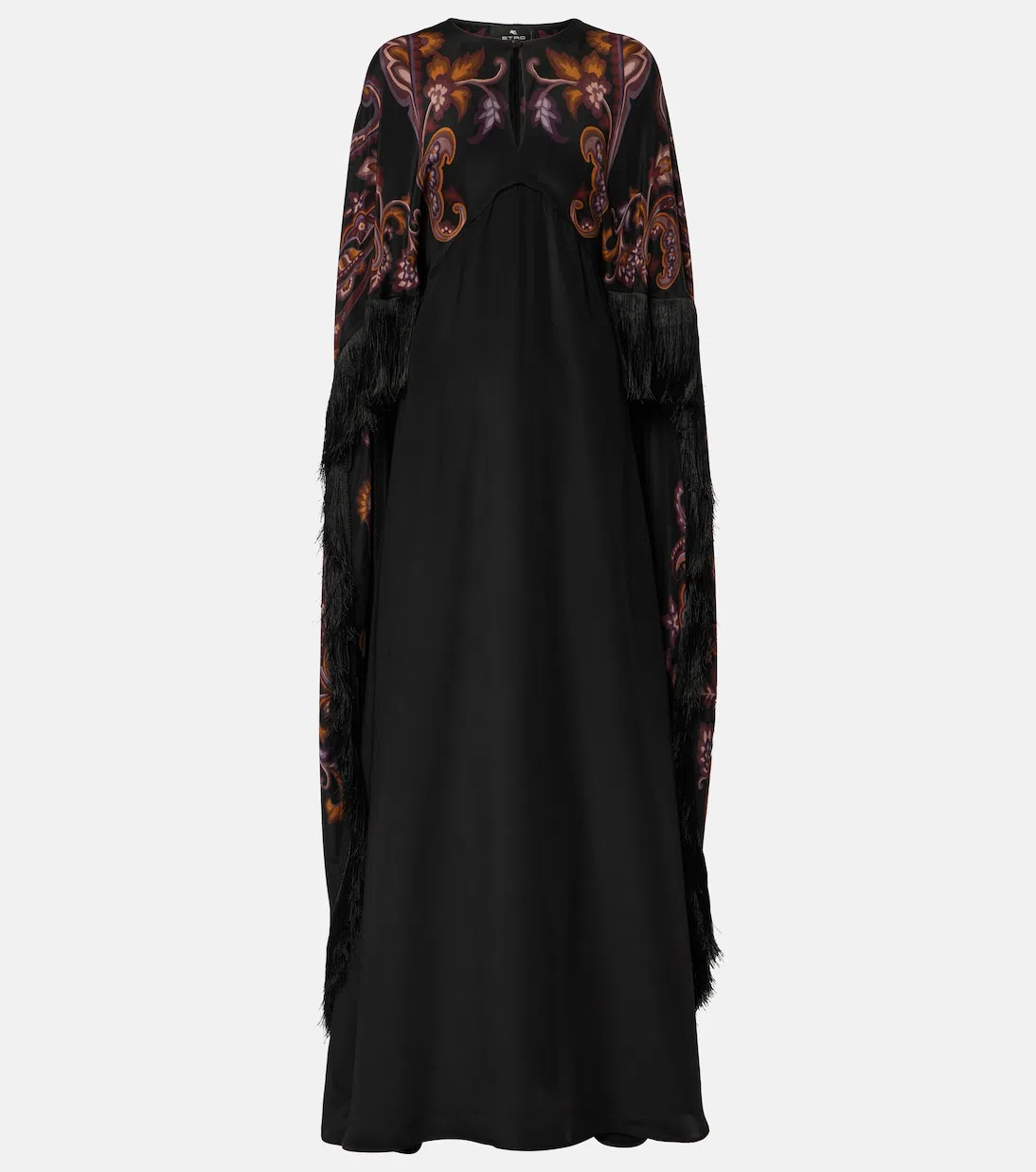 ETRO Paisley Caped Fringed Silk Gown In Schwarz
