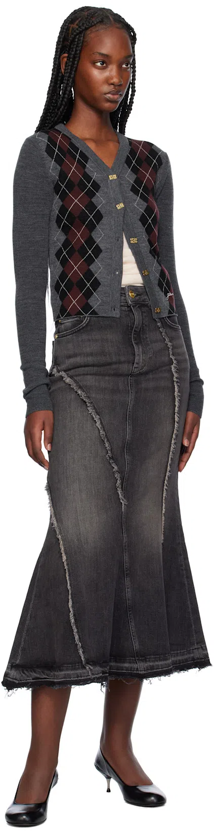 GANNI Women Grey Sweater With Classic Collar And Check Motif On The Front In Wool Woman In Gray