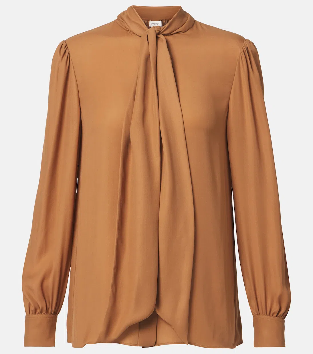 SAINT LAURENT Tie-neck Silk Charmeuse Blouse In Brown