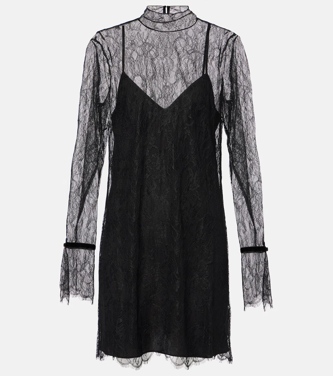 FRAME Long-sleeve Lace Mini Dress In Black