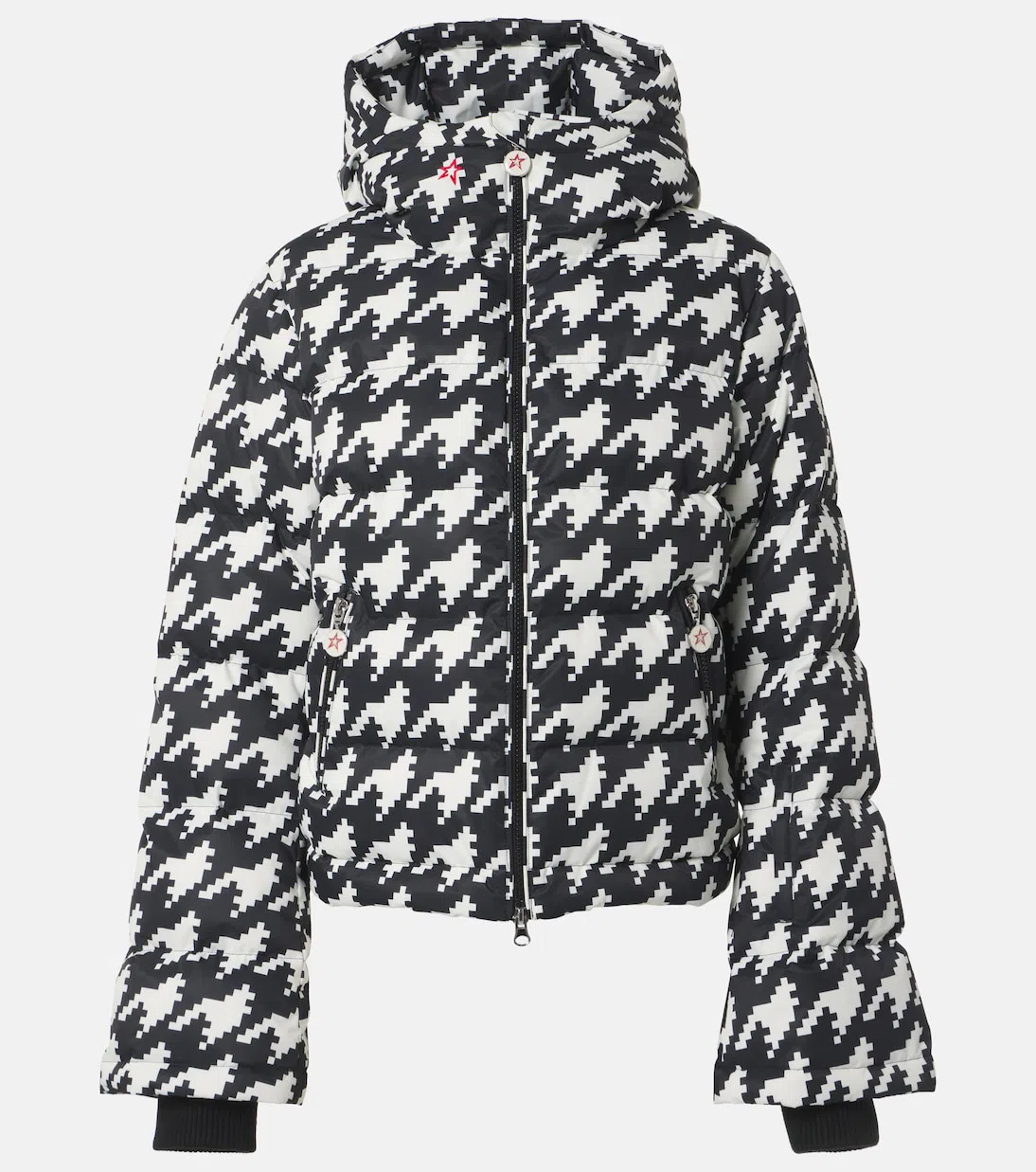 PERFECT MOMENT Moment Houndstooth Hooded Embroidered Padded Down Ski Jacket In Houndstooth-black-snow-white