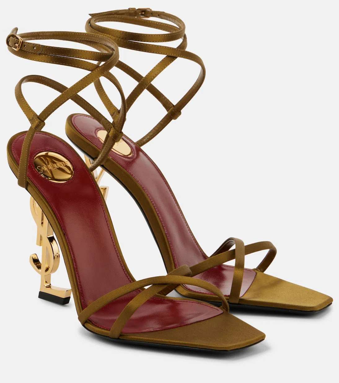 SAINT LAURENT Gold Crêpe Satin Opyum Sandals In Green