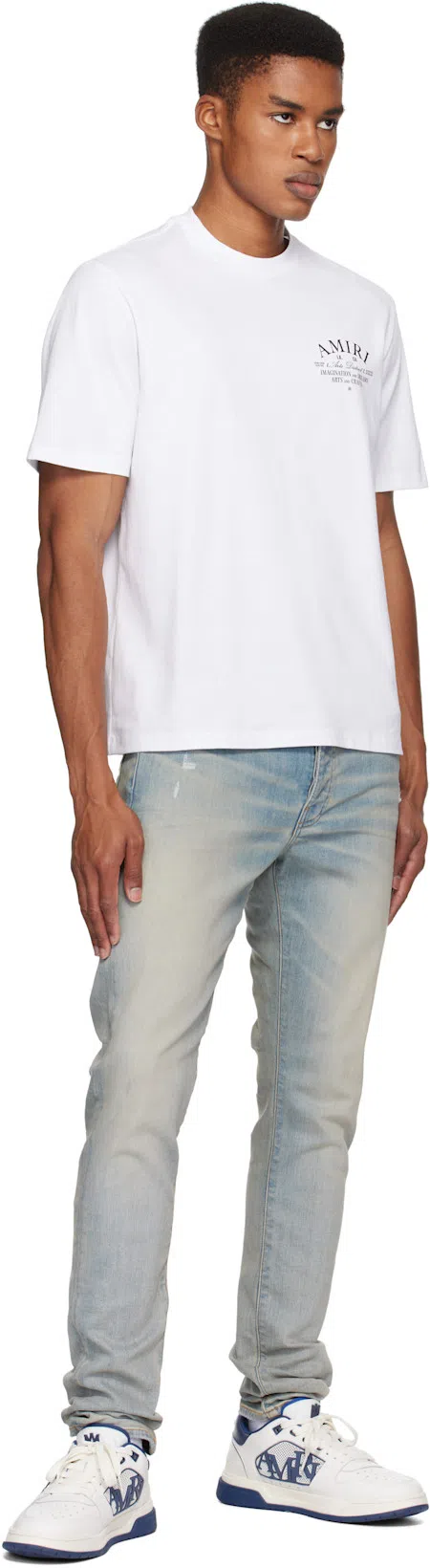 AMIRI White And Blue Low Top Sneakers With Contrasting Logo Lettering In Cotton Man In White Blue