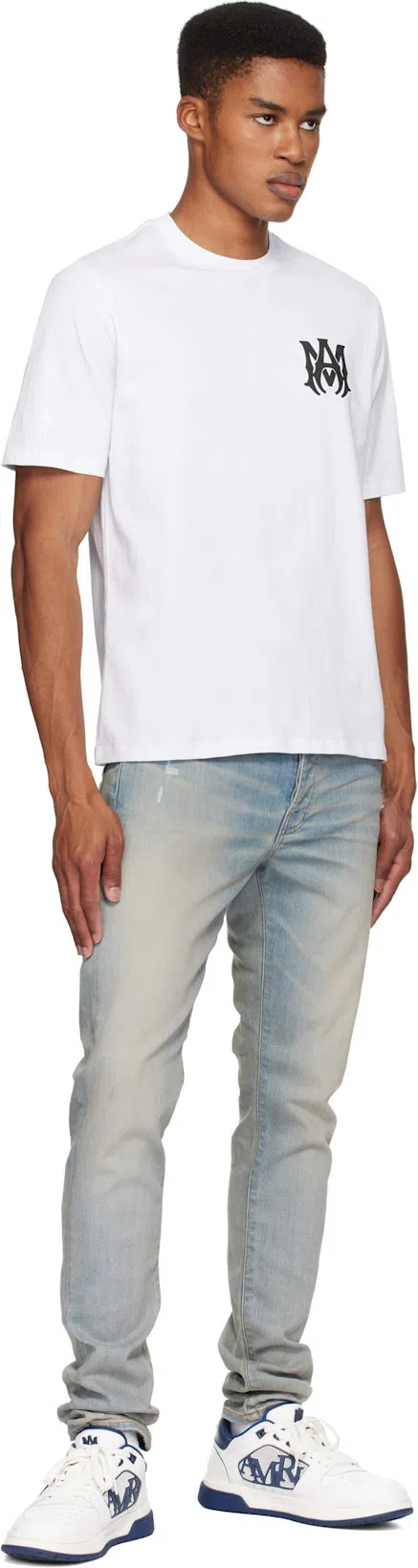 AMIRI White And Blue Low Top Sneakers With Contrasting Logo Lettering In Cotton Man In White Blue