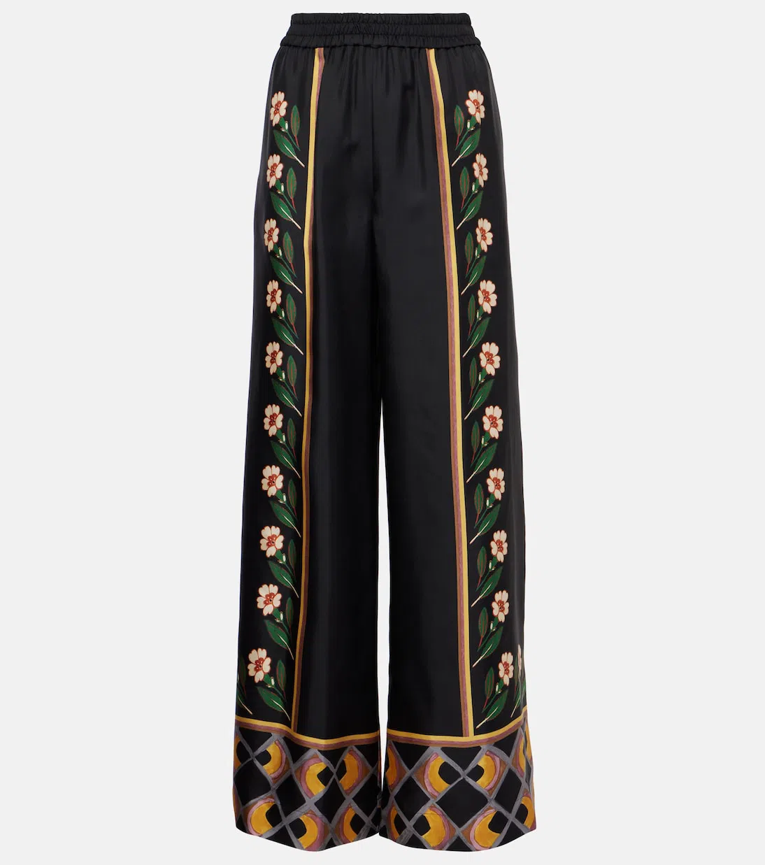 LA DOUBLEJ La Double J Wide-leg Multicolor Silk Trousers With Floral In Black