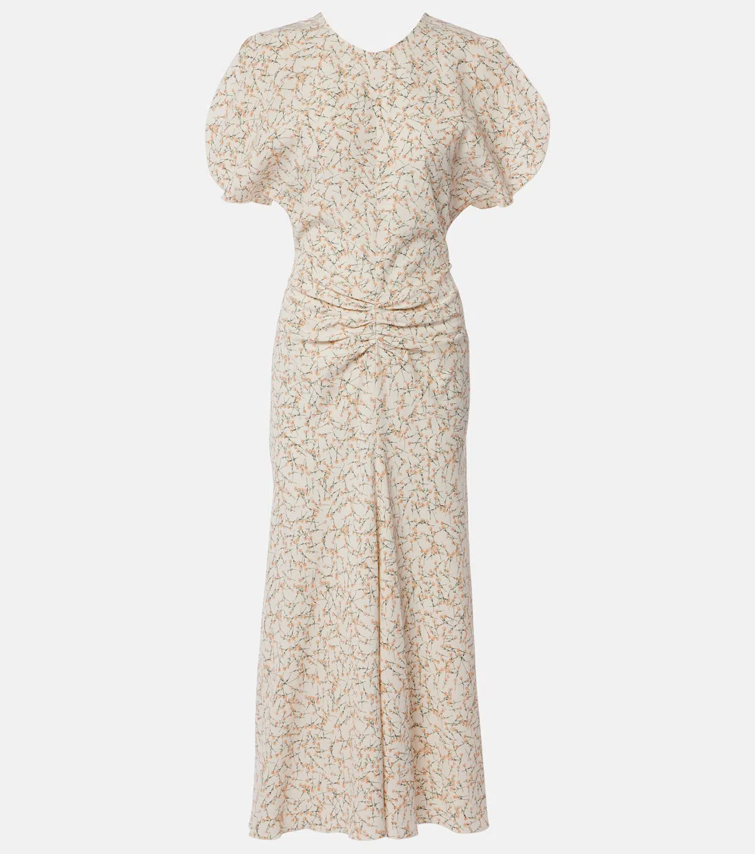 VICTORIA BECKHAM Womens Floral Ovation Peach Flower-print Ruched Woven-blend Midi Dress