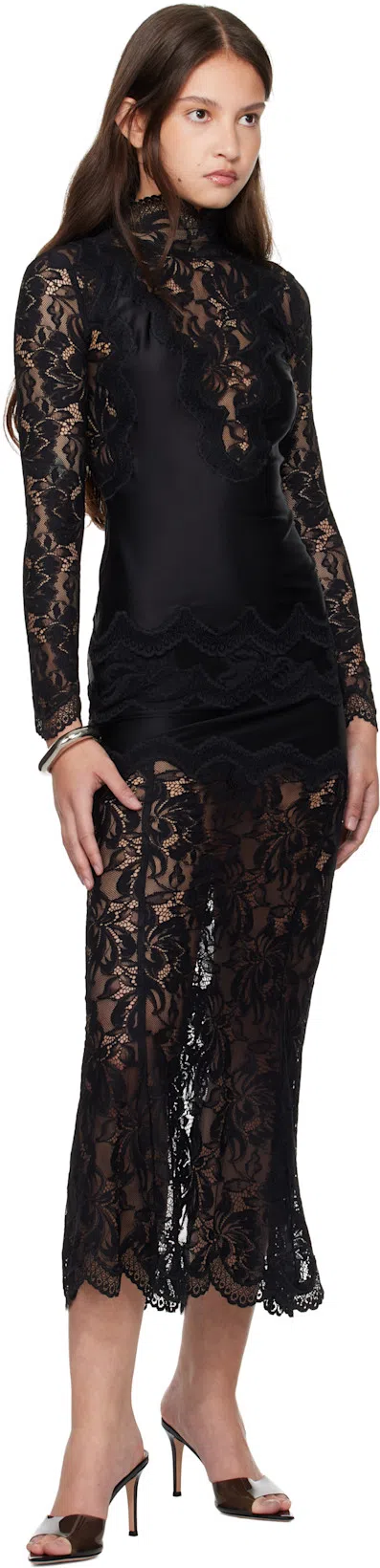 RABANNE Lace-edged Midi Skirt With High Waist And Decorative Buttons In Black