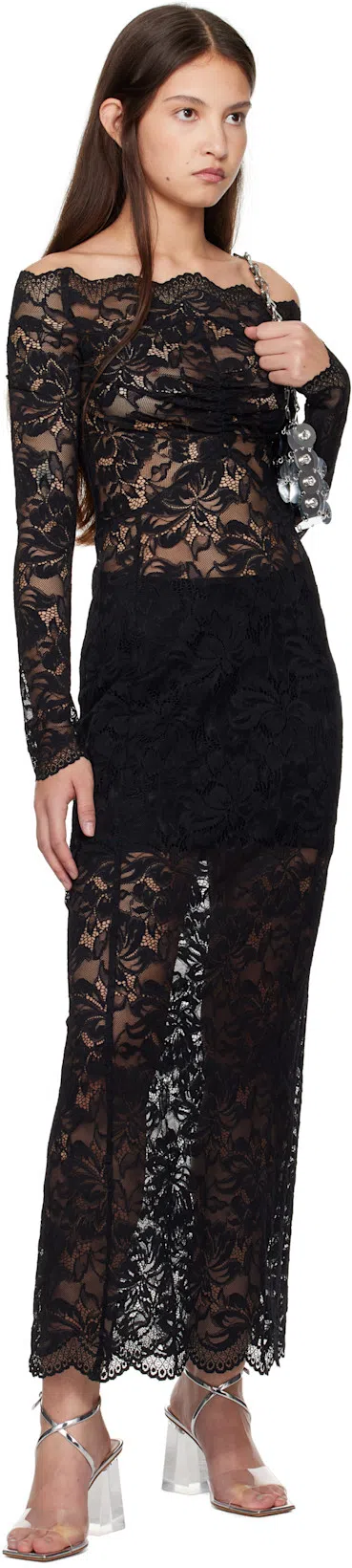 RABANNE Twist Front Off The Shoulder Long Sleeve Lace Midi Dress In Black