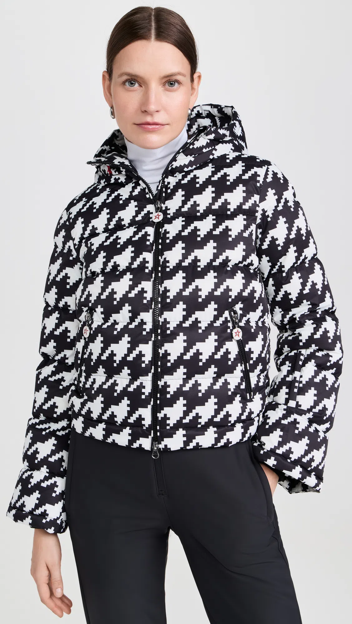 PERFECT MOMENT Moment Houndstooth Hooded Embroidered Padded Down Ski Jacket In Houndstooth-black-snow-white