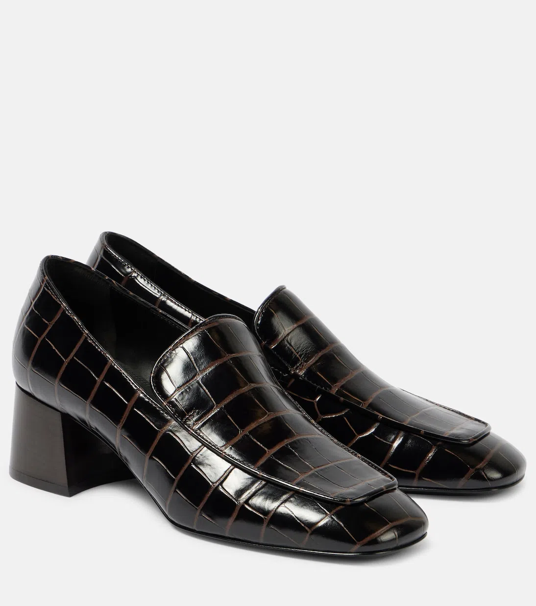 TOTÊME Toteme The Block Heel Croc Embossed Loafer In Dark Brown