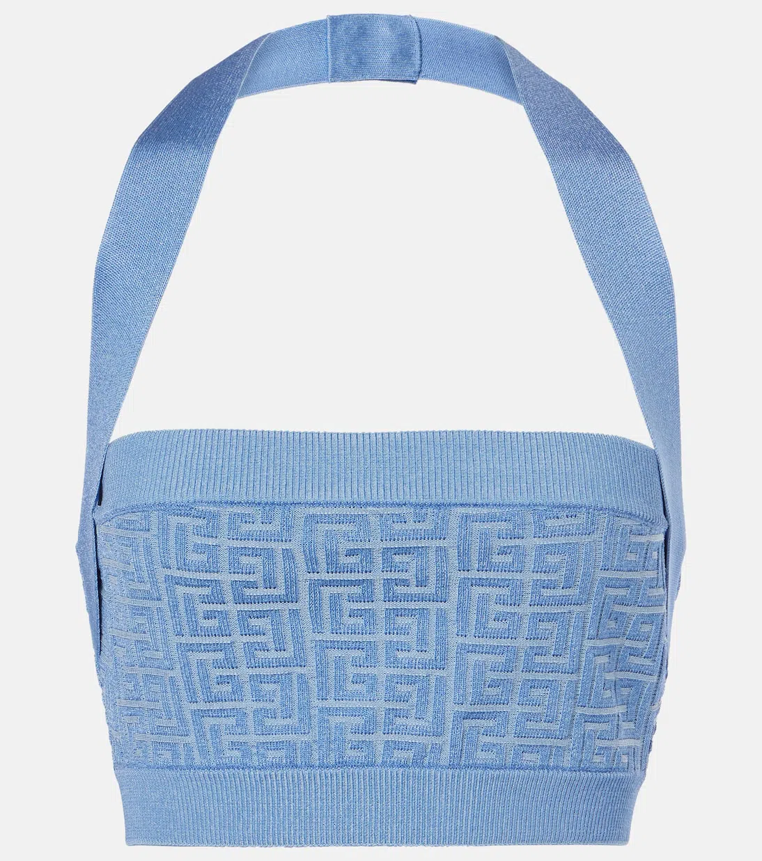 BALMAIN Knit Halterneck Top With Pb Labyrinth Monogram In Blue