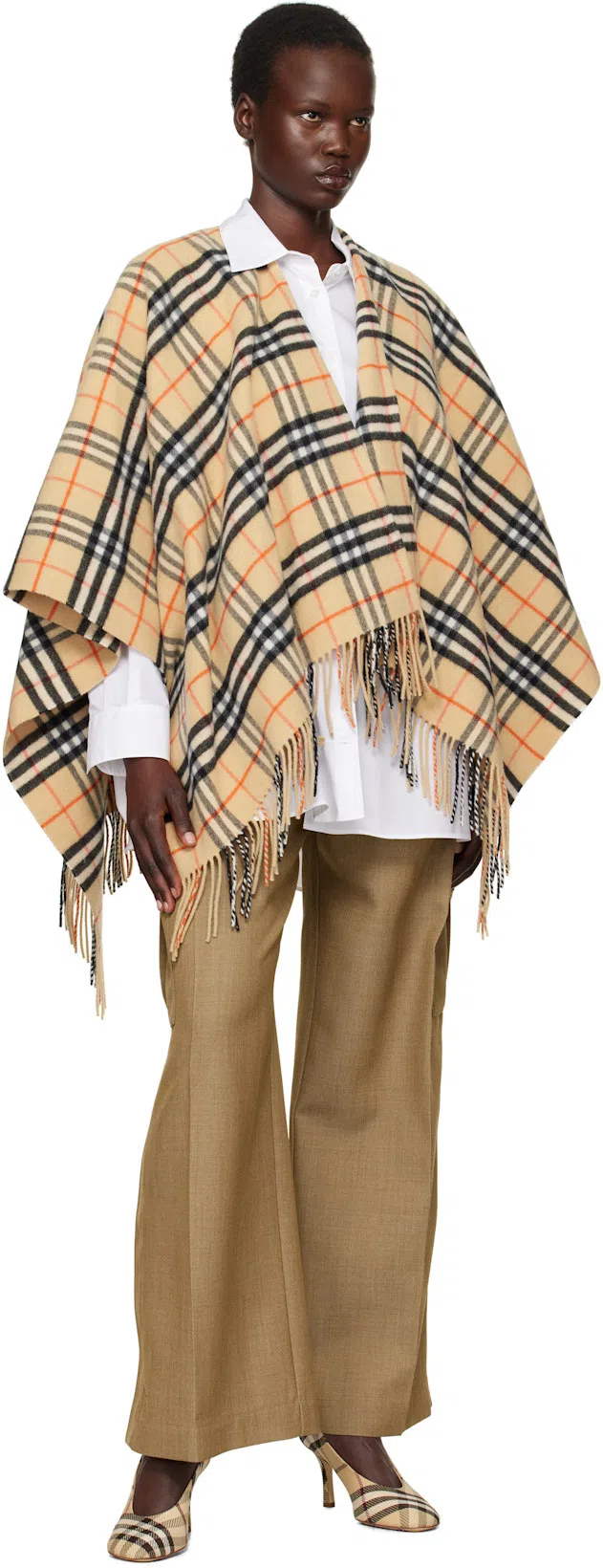 BURBERRY Beige Wool Cape With Check Pattern Women In Brown