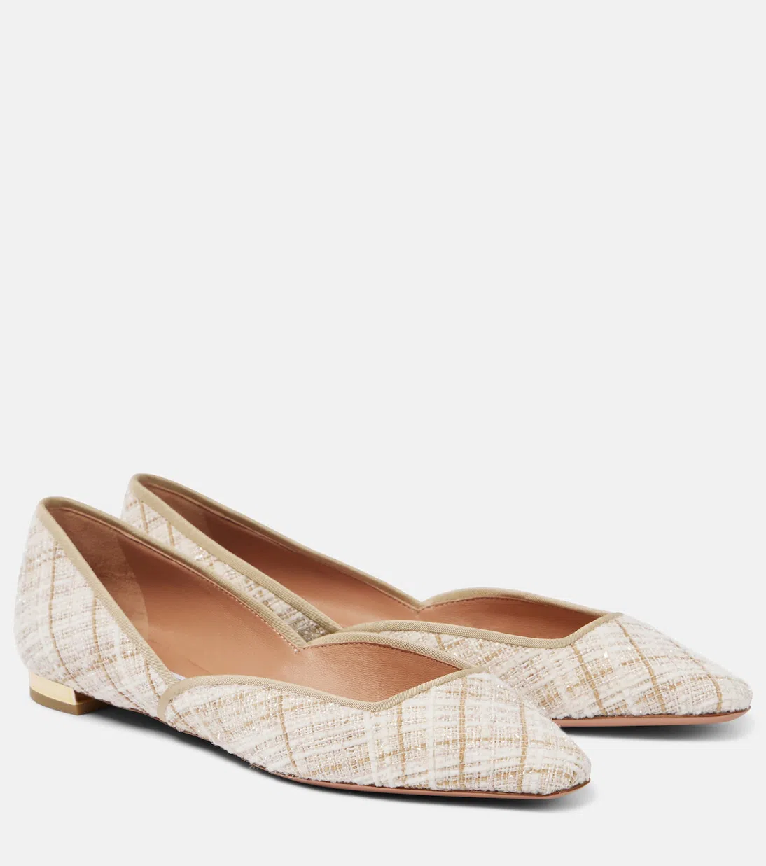 AQUAZZURA Check Tweed Pointed Toe Ballet Flats In Beige