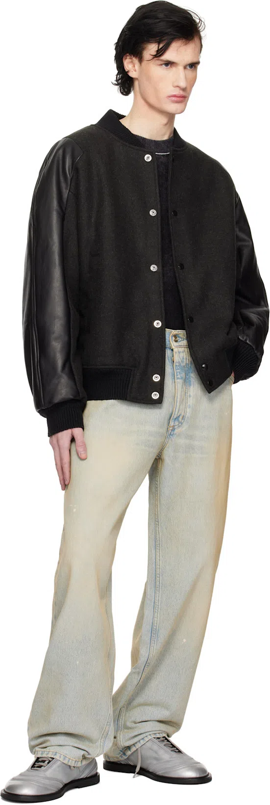 ACNE STUDIOS Black Wool & Leather Bomber Jacket In Afk Dark Grey Melang